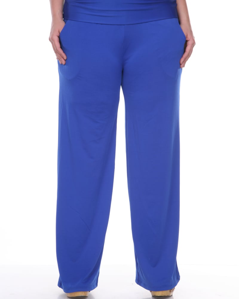 Front of a model wearing a size 1X Solid Palazzo Pants in Royal by White Mark. | dia_product_style_image_id:250181